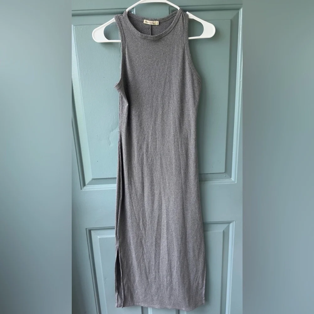 🖤 Gray Ribbed Midi Tank Dress | Side Slits | Size L - Picture 1 of 3